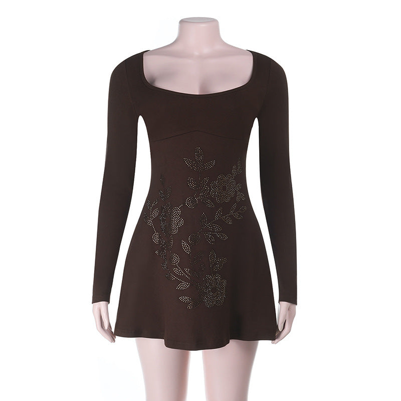 Damen figurbetontes Langarmkleid mit floralem Strassdesign EB