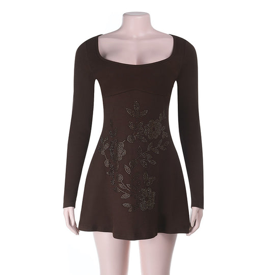 Damen figurbetontes Langarmkleid mit floralem Strassdesign EB