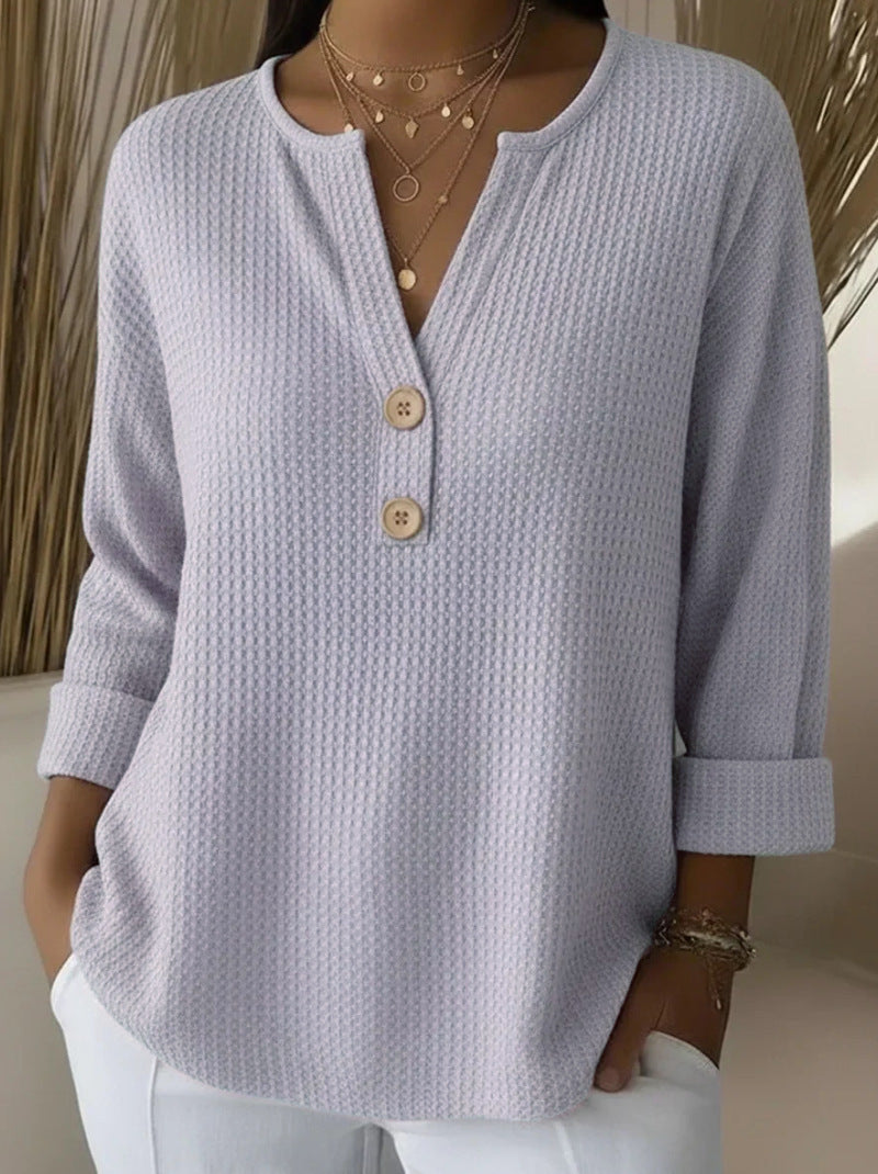 Damen nan Waffelstruktur Henley-Shirt mit V-Ausschnitt kurze Knopfleiste und krempelbaren 3/4-Ärmeln EB