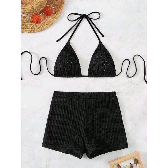 Damen Triangel-Bikini mit hochwertigem Rüschendesign und stretchy Shorts EB