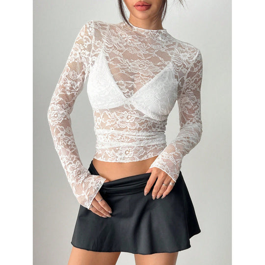 Damen Spitzentop mit langem Arm und tiefem V-Ausschnitt EB