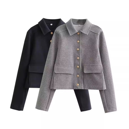 Damen modische Kurzjacke aus strukturiertem Wollmaterial mit praktischen Pattentaschen EB