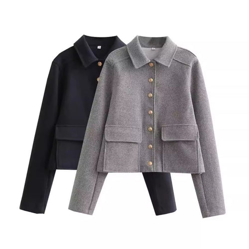 Damen modische Kurzjacke aus strukturiertem Wollmaterial mit praktischen Pattentaschen EB
