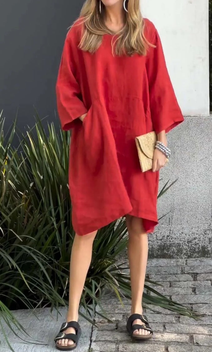 Damen lässiges Leinenkleid mit praktischen Taschen und asymmetrischem Saum EB