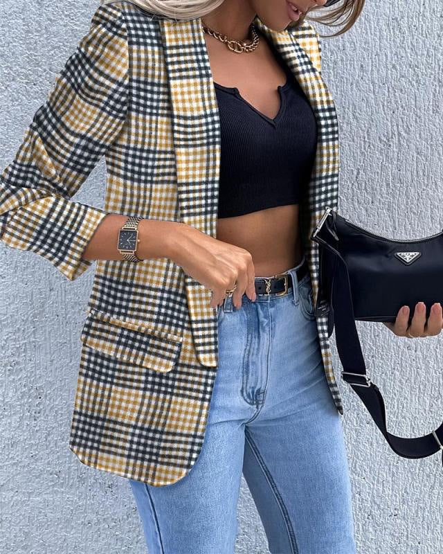 Damen Kariierter Longblazer mit legerer Passform, aufgesetzten Taschen und Dreiviertelärmeln EB