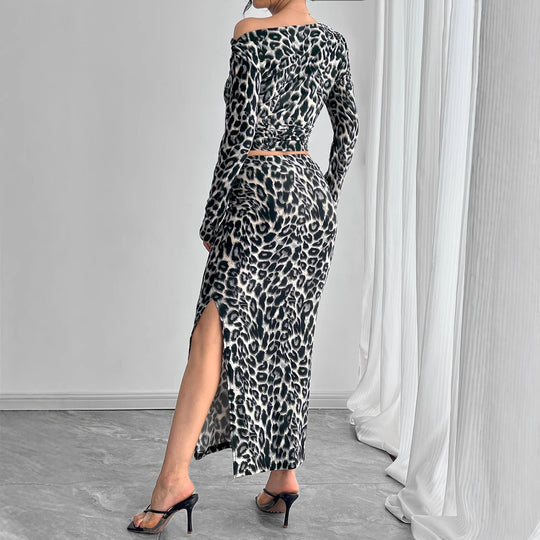 Damen Off-Shoulder Kombination mit Leopardenmuster und hohem Schlitz EB