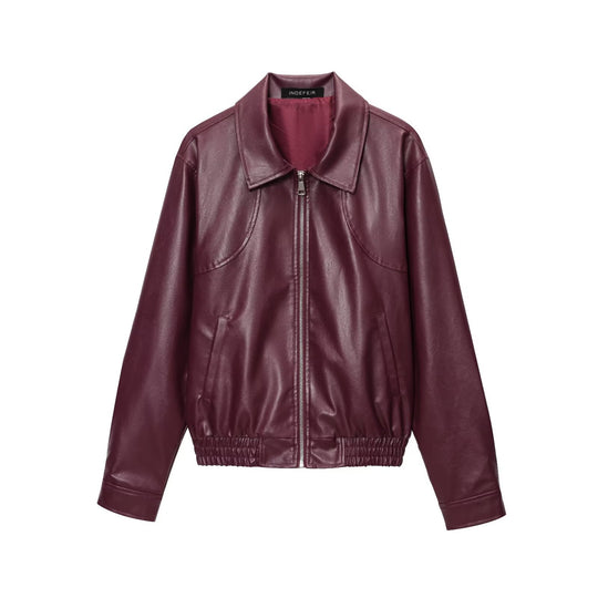 Damen modische Kunstlederjacke mit elastischem Bund und Stehkragen EB