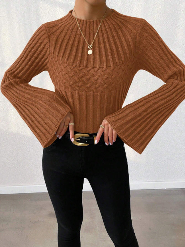 Damen Strickpullover mit weitem Ärmel und Zopfmuster EB