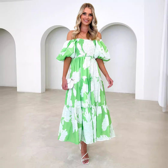 Damen Maxikleid mit schulterfreiem Schnitt und luftigen Puffärmeln EB