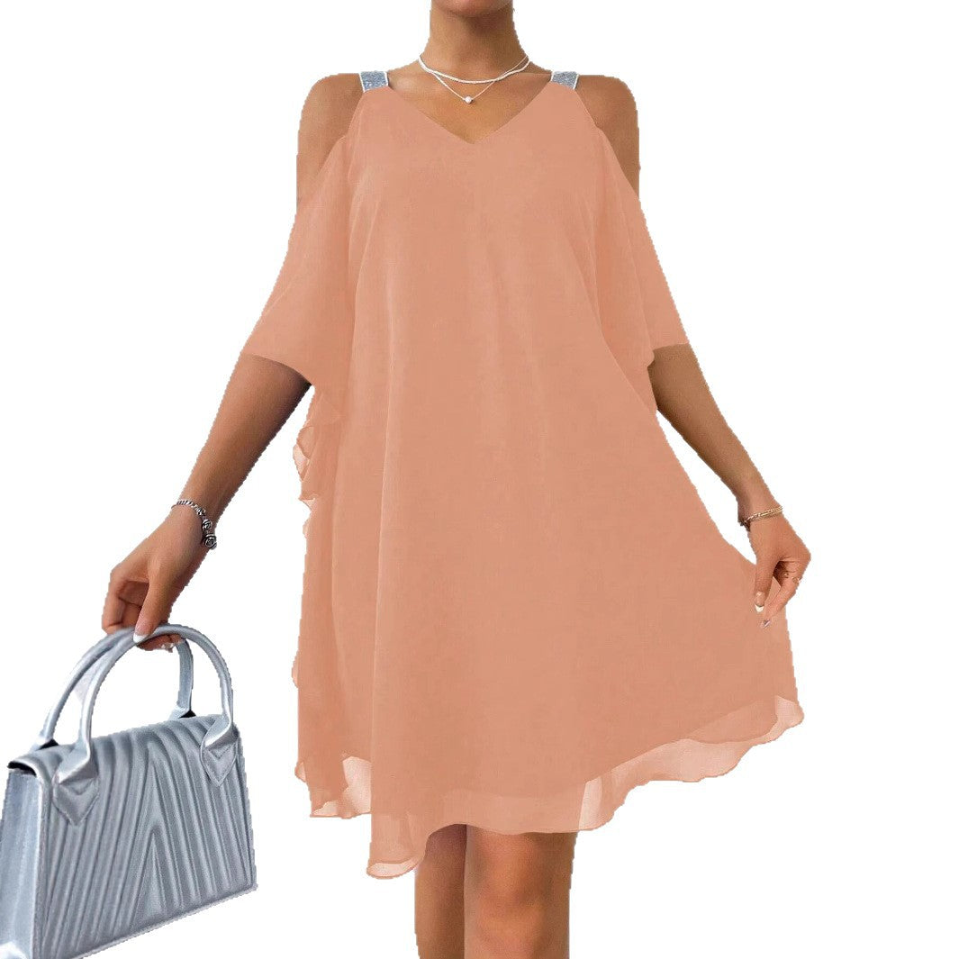 Damen schulterfreies Flatterkleid mit glitzernden Trägern EB