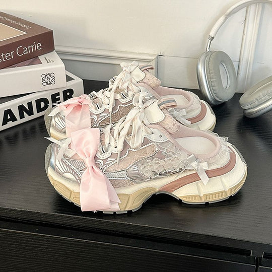 Damen Chunky‑Sneaker mit floraler Spitze und Satin‑Schleife EB