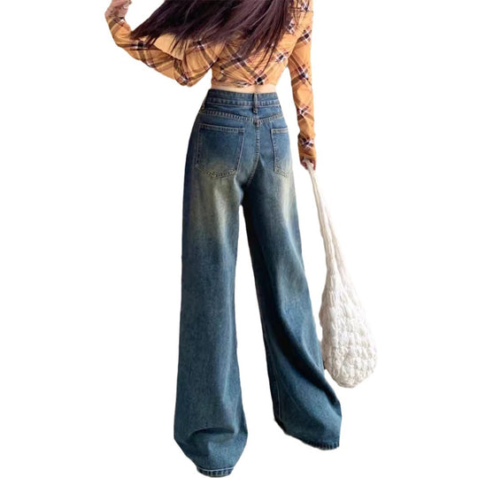 Damen Weite Flared Jeans mit hohem Bund und modischem Vintage-Design EB