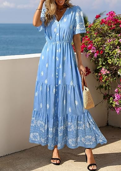 Damen Boho Maxikleid mit floralen Prints und Taillengürtel EB