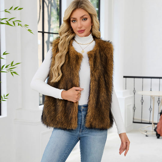 Damen Flauschige Kunstpelzweste mit voluminösem Kragen EB