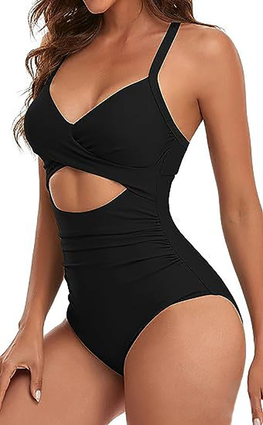 Damen Einteiler Badeanzug mit stylischem Wickeldesign und raffinierten Kreuzträgern EB