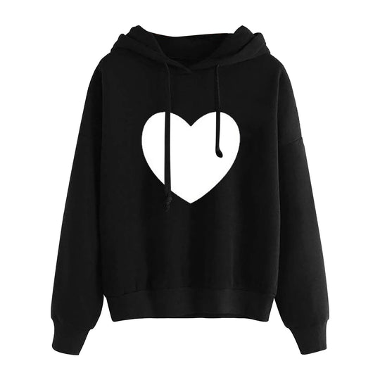 Damen nan leichter Oversize Kapuzenpullover mit Herz‑EKG‑Motiv, langen Kordeln und elastischem Bund EB