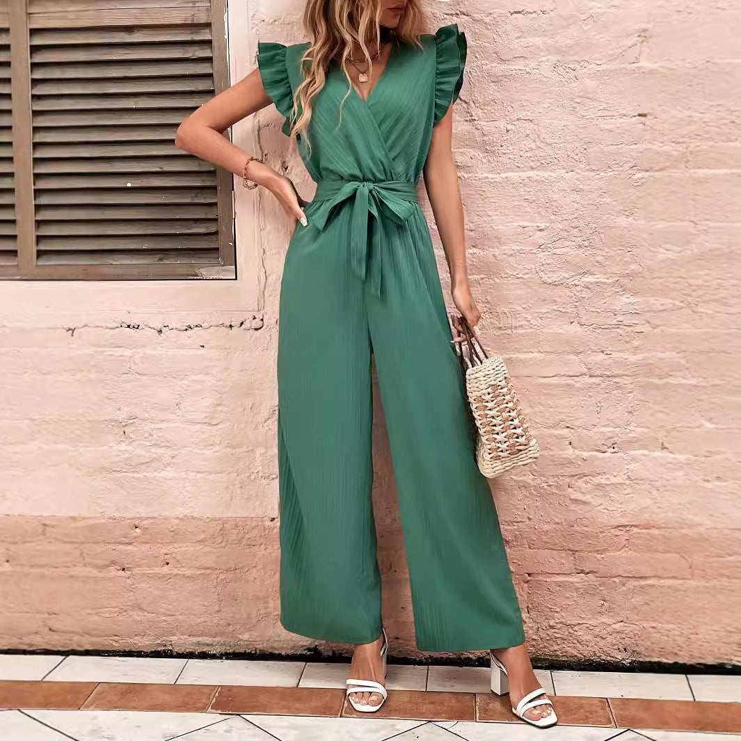 Damen Eleganter Jumpsuit mit Taillengürtel und Rüschendetails EB