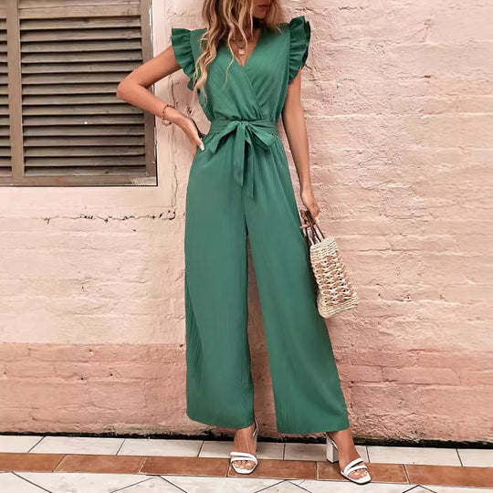 Damen Eleganter Jumpsuit mit Taillengürtel und Rüschendetails EB
