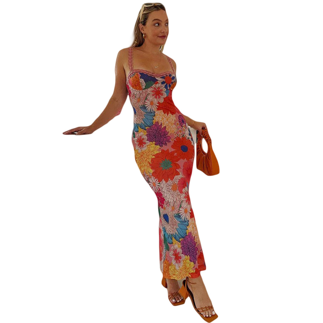 Damen Blumen-Midi-Kleid mit Spitzenträgern und figurbetontem Schnitt EB