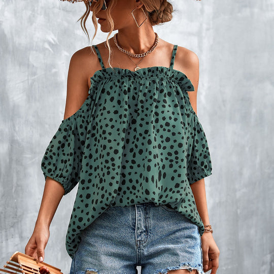 Damen Off-Shoulder Bluse mit verspieltem Punktemuster und luftigen Puffärmeln EB