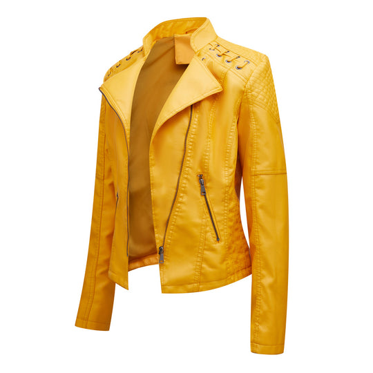 Damen nan taillierte Kunstleder-Bikerjacke mit gesteppter Schulterpartie, asymmetrischem Reißverschluss und Zierösen EB