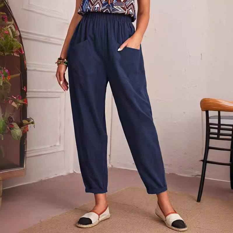 Damen Trendige Leinenhose mit elastischem Bund und praktischen Taschen EB