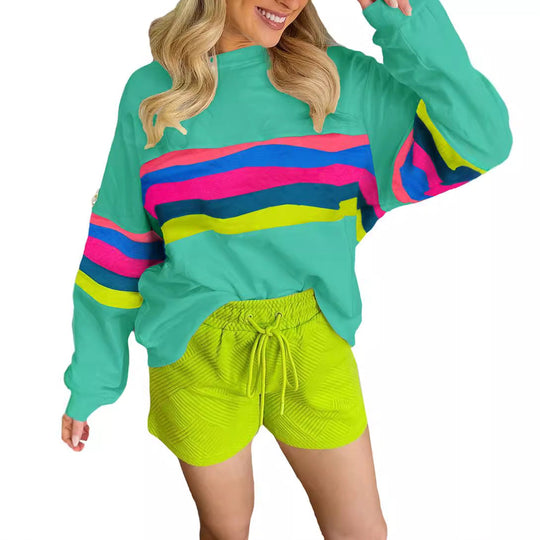 Damen Lässiges Oversized-Sweatshirt mit Bunten Streifen und Tieferem Rundhalsausschnitt EB