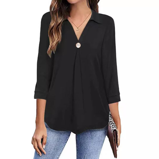 Damen Langarm Bluse mit elegantem V-Ausschnitt und dekorativen Falten EB