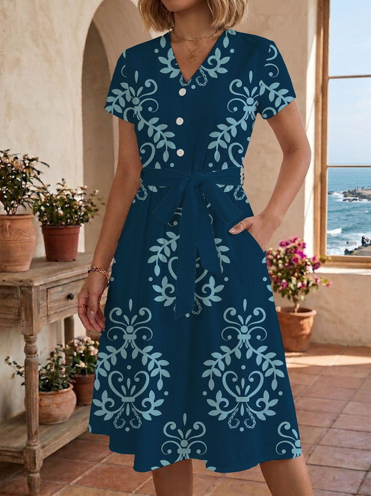 Damen Sommerliches Kleid mit taillierbarem Bindegürtel und floralem Muster EB