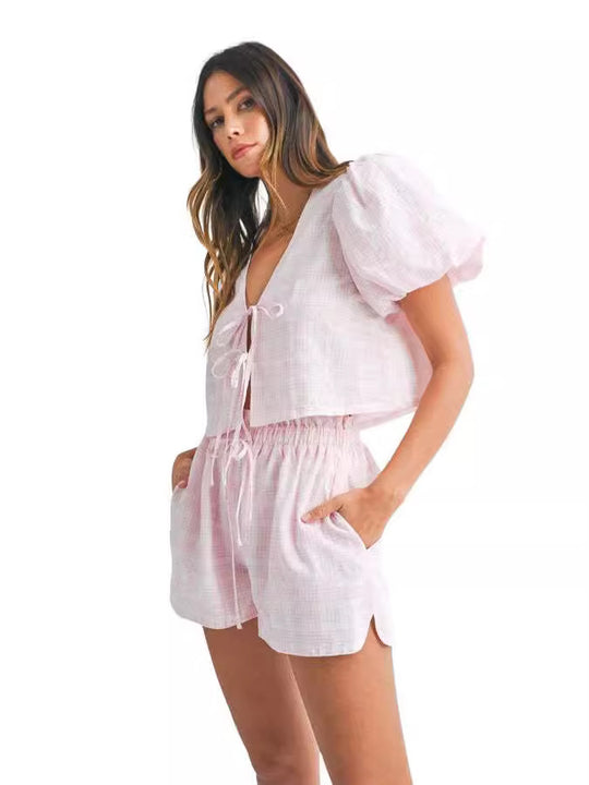 Damen-Set mit gepufften Ärmeln und verstellbarem Kordelzug EB