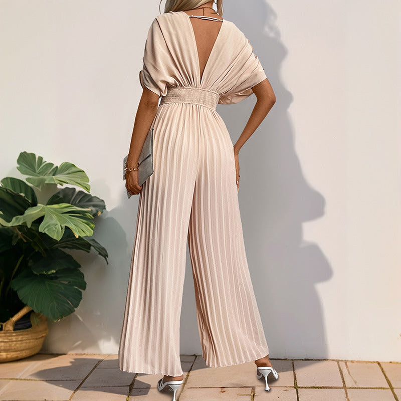 Damen Eleganter Jumpsuit mit hohem V-Ausschnitt und schwingenden Beinen EB