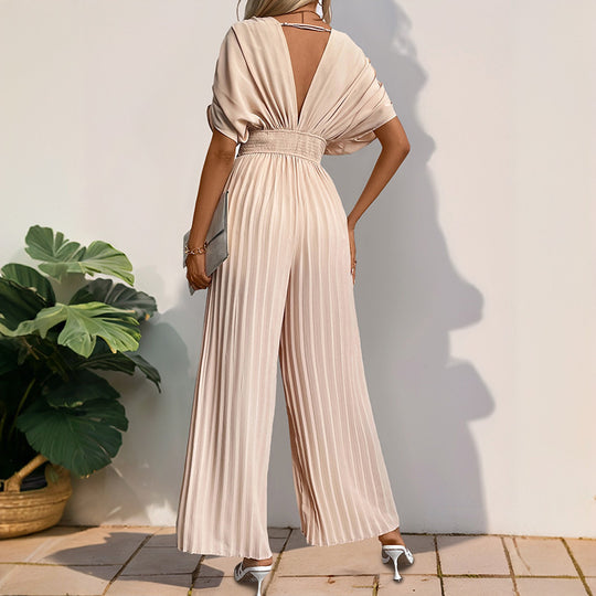 Damen Eleganter Jumpsuit mit hohem V-Ausschnitt und schwingenden Beinen EB