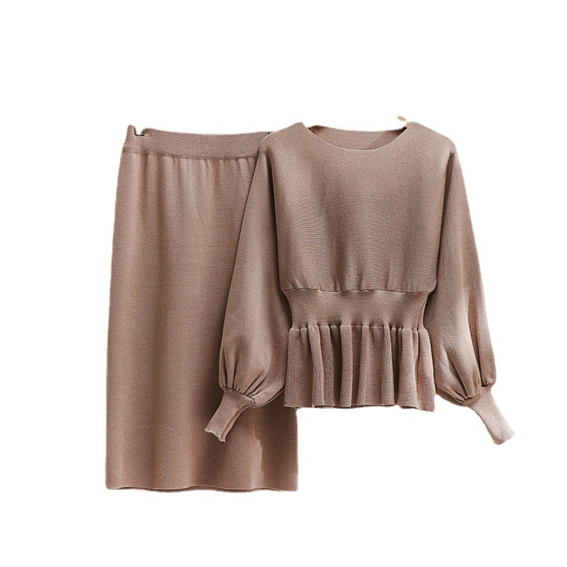 Damen elegantes Strickensemble mit Raffung und Ballonärmeln EB