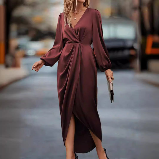 Damen Elegantes Wickelkleid mit langem Arm und seitlichem Schlitz Heidi-Mode