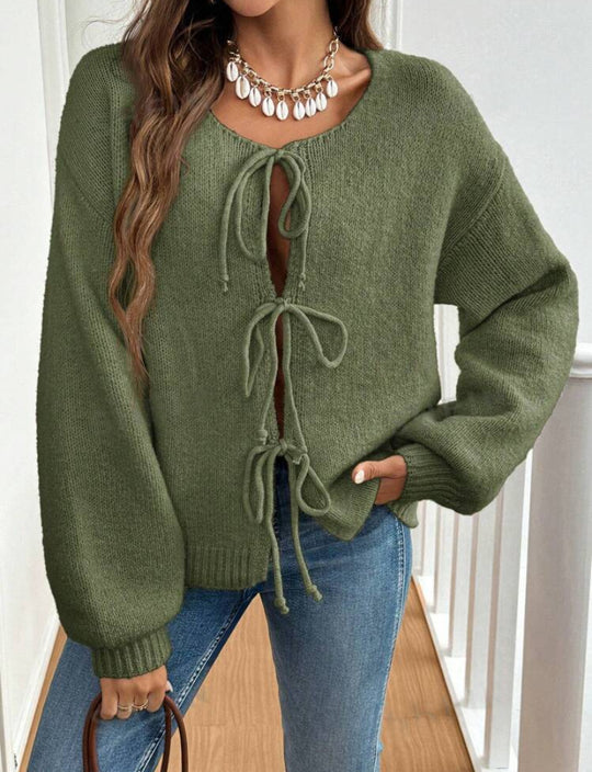 Damen gemütlicher Strickpullover mit dekorativem Schnür-Detail und weit geschnittenen Ärmeln EB