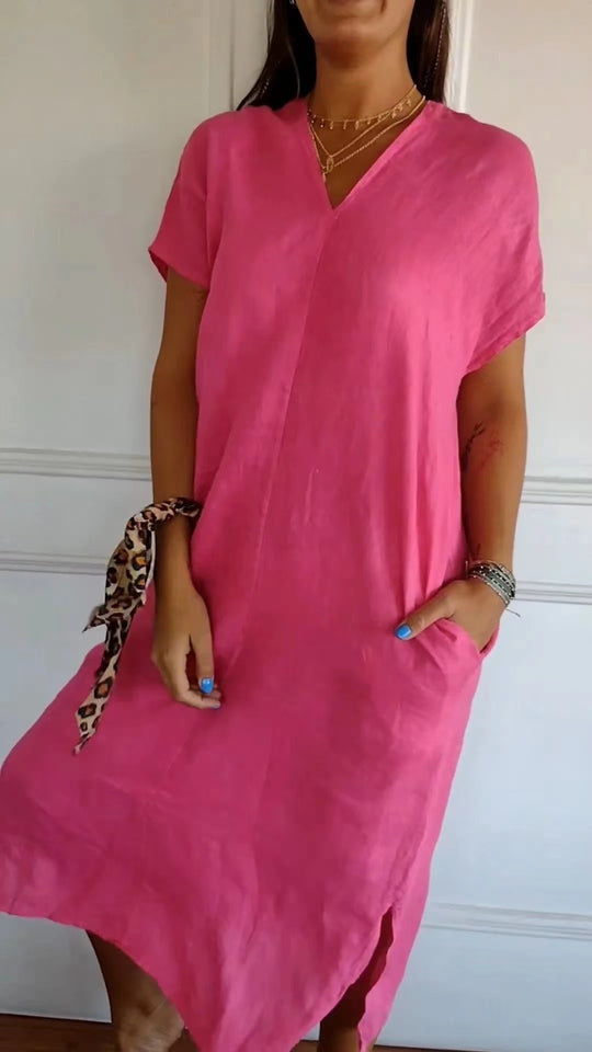 Damen lässiges V-Ausschnitt Kleid mit praktischen Taschen EB