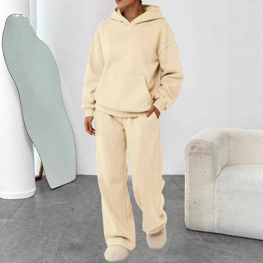 Damen nan zweiteiliges Freizeit-Lounge-Set mit Kapuzenpullover, Kängurutasche und gerader Loungehose aus weichem Baumwollmix EB