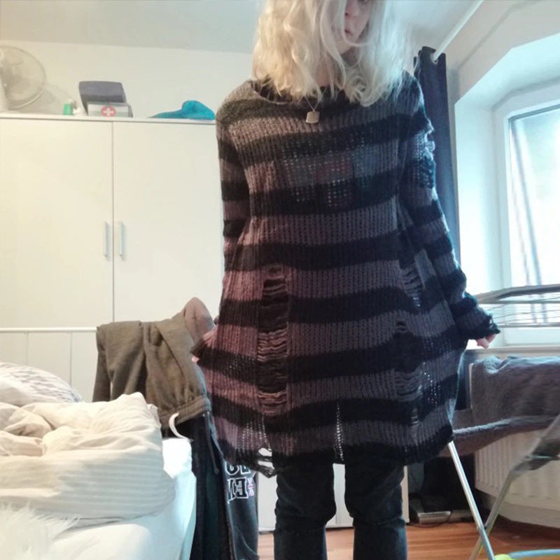 Damen nan Oversized Grobstrickpullover mit breiten Blockstreifen und aufgerissenem Design EB