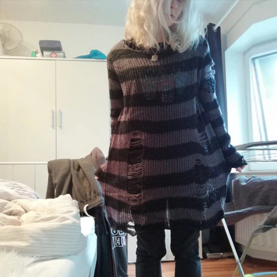 Damen nan Oversized Grobstrickpullover mit breiten Blockstreifen und aufgerissenem Design EB