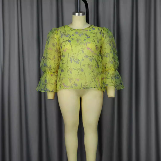 Damen blumige Chiffonbluse mit voluminösen Ärmeln EB