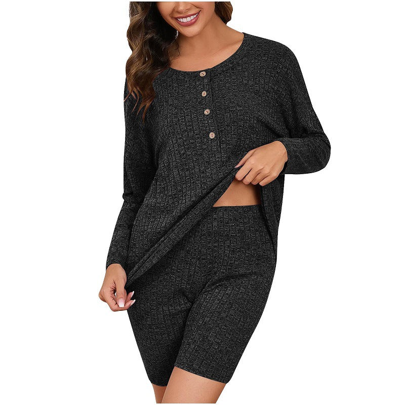 Damen Komfortables Lounge-Set mit langärmligem Oberteil und Shorts EB