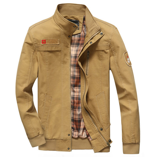 Herren Canvas-Bomberjacke mit kariertem Innenfutter, Stehkragen und Abzeichenapplikationen EB