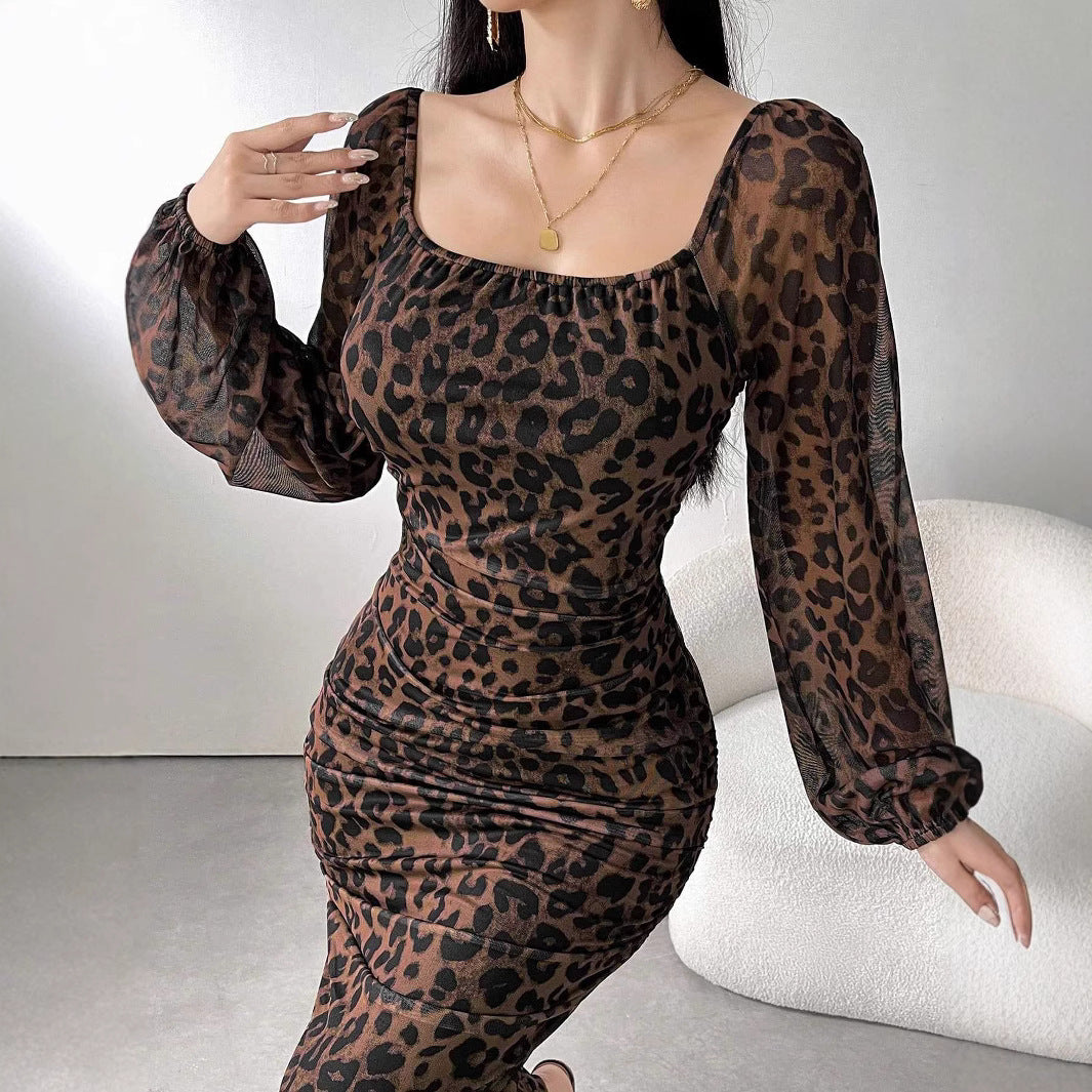 Damen elegantes Kleid mit Leopardenmuster und Puffärmeln EB
