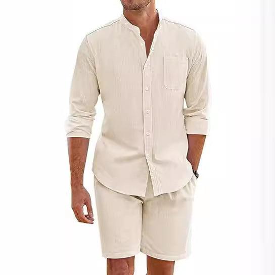 Herren nan Leinenoptik-Zweiteiler mit Stehkragen-Hemd, Brusttasche und legeren Shorts EB