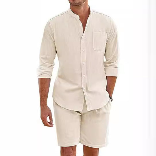 Herren nan Leinenoptik-Zweiteiler mit Stehkragen-Hemd, Brusttasche und legeren Shorts EB