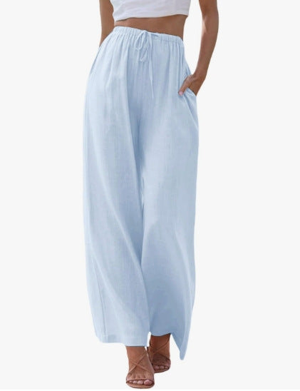 Damen nan weite Leinenhose mit elastischem Bund Kordel und Seitentaschen EB
