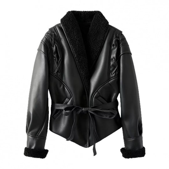 Damen Kunstlederjacke mit warmem Teddyfutter und eleganten Schnürdetails EB