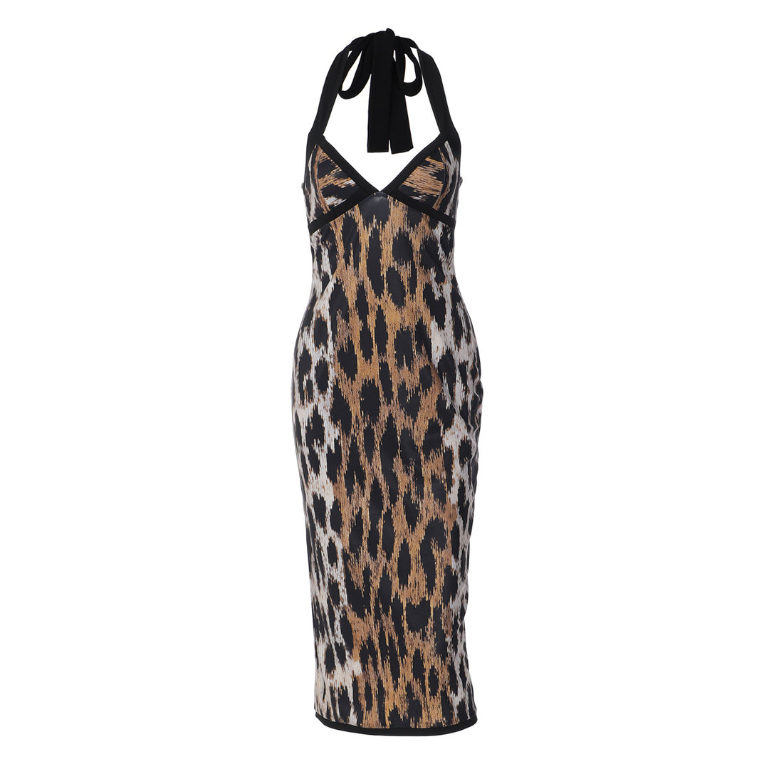 Damen Rockabilly Kleid mit Halterneck-Design und trendigem Animalprint EB