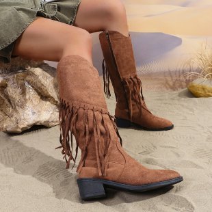 Damen Fransen-Cowboy-Stiefel aus Veloursleder mit spitzer Zehenkappe und seitlichem Reißverschluss EB
