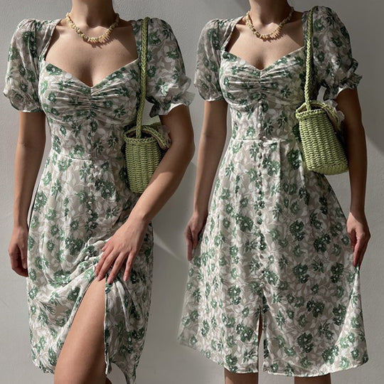 Damen Blumenkleid mit gerafften Ärmeln und seitlichem Schlitz EB